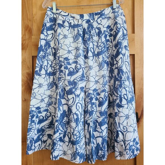 JM 100% Linen Blue White Midi Skirt Sz 10 Summer Coastal Grandma Floral Zip Up - Picture 1 of 4